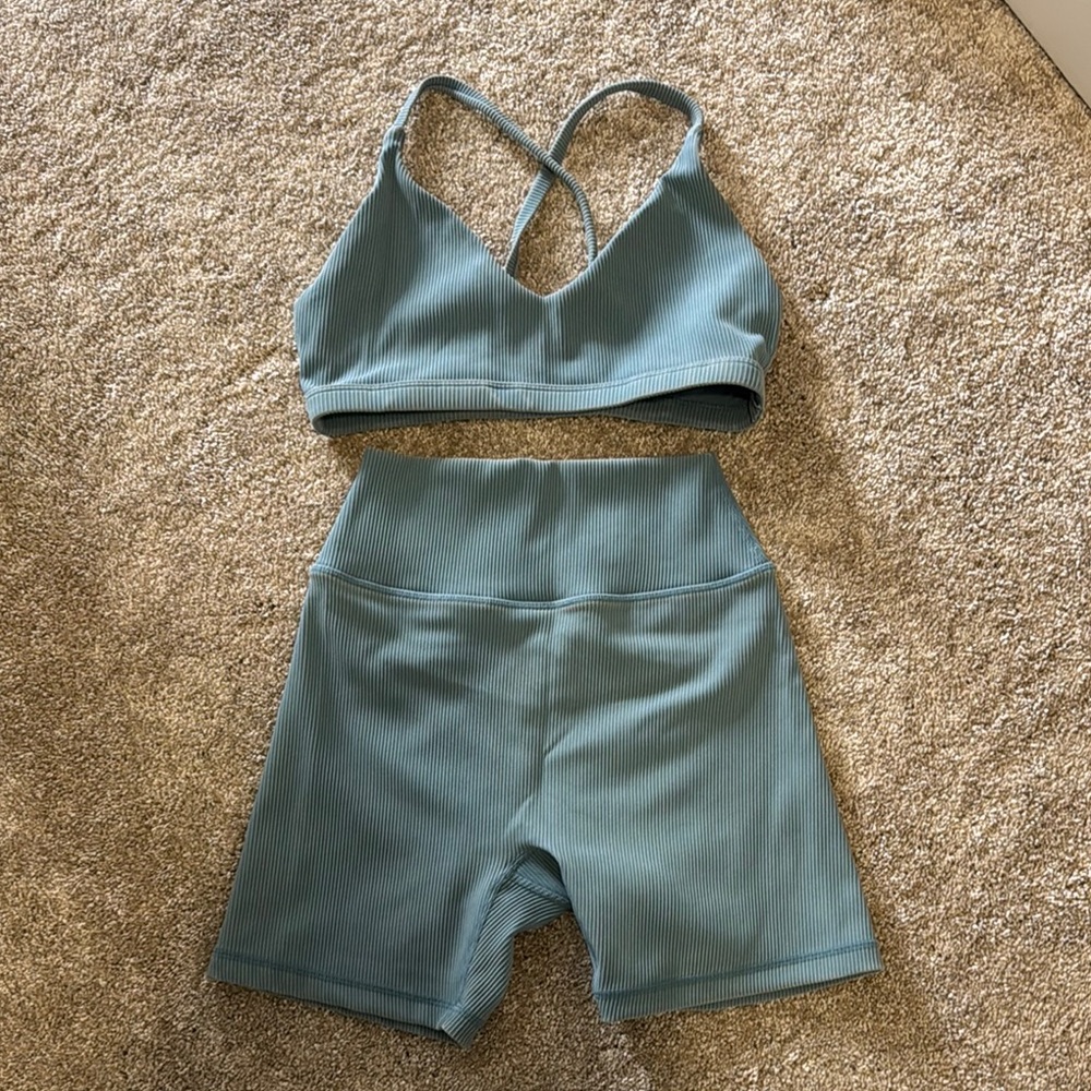 Muscle Nation Distressed Blue Ribbed Sports Bra and Shorts Set